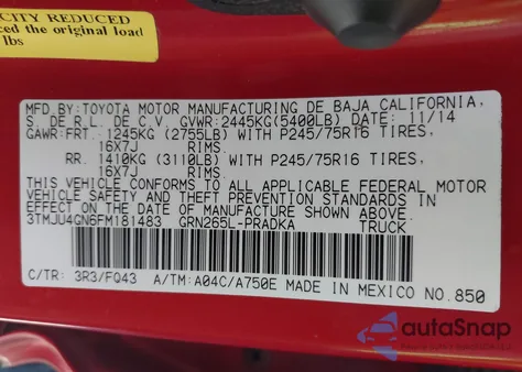 2015 Toyota Tacoma Prerunner V6 z USA, uszkodzony, nr VIN 3TMJU4GN6FM181483